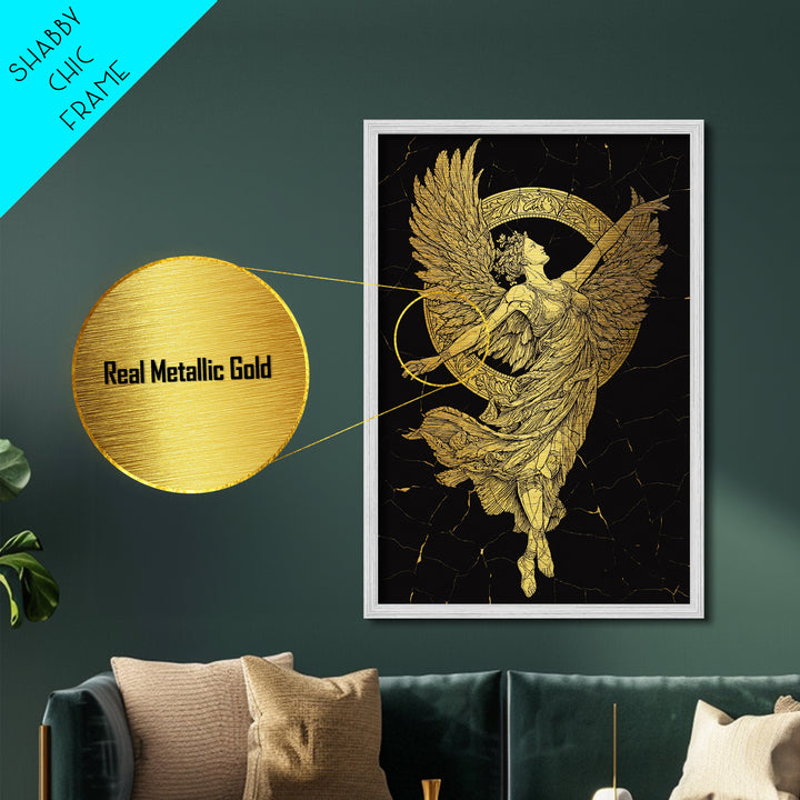 Victory Goddess Nike Metallic Gold Metal Print, Mythology Inspired Wall Art, Real Wood Frame, Luxury Ancient Greek Decor