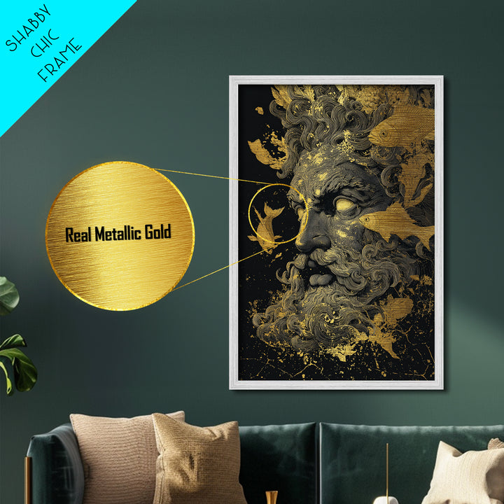 Ocean God Oceanus Metallic Gold Metal Print, Greek Mythology Sea Deity Art, Real Wood Frame, Elegant Nautical Wall Decor