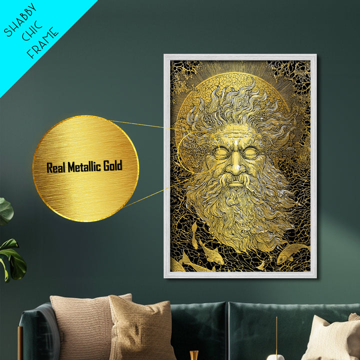 Ancient Sea God Oceanus Metallic Gold Art, Mythological Wall Print, Real Wood Frame, Classical Maritime Inspired Home Decor