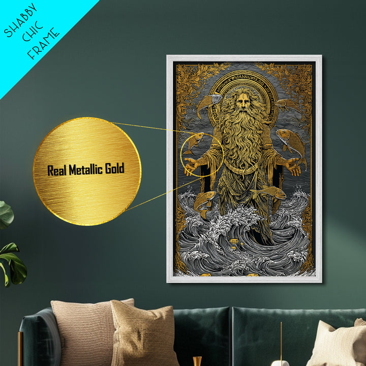 Powerful Titan Oceanus Metallic Gold Metal Print, Greek Mythology Wall Art, Real Wood Frame, Luxury Ocean Inspired Home Accent