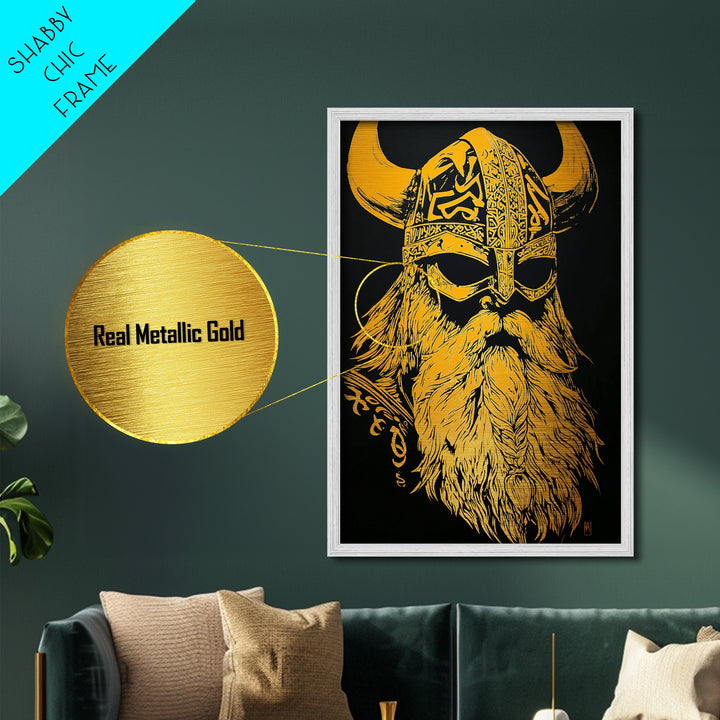 Norse Mythology Odin Metallic Gold Art, Viking Warrior God Metal Print, Real Wood Frame, Ancient Scandinavian Wall Decoration