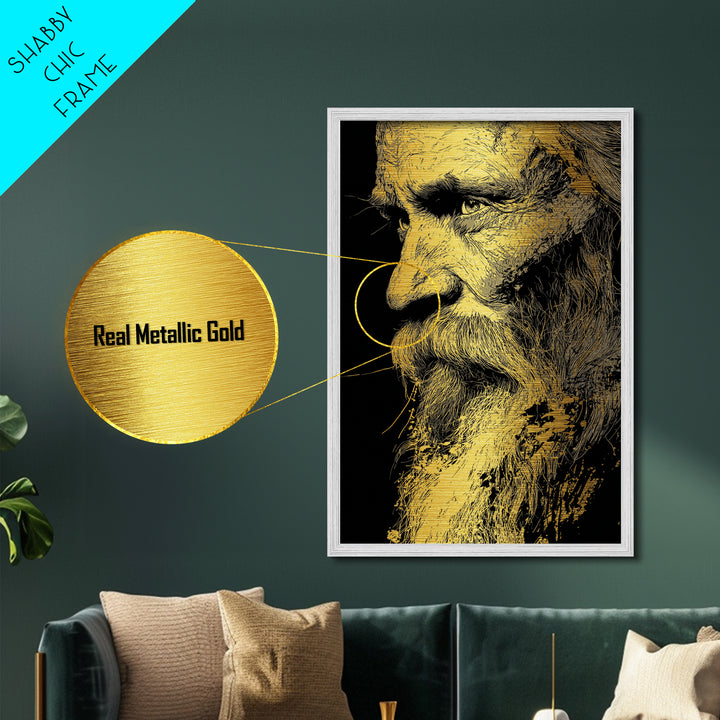 Odin Warrior God Metallic Gold Metal Print, Norse Mythology Inspired Art, Real Wood Frame, Viking Legend Wall Decor Statement