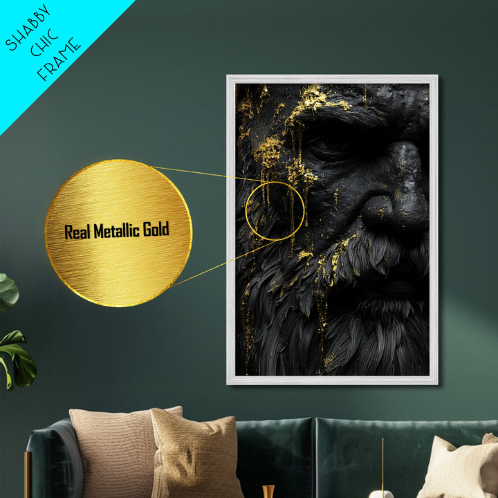 Abstract Mythological Face, Golden Tears Design, Metallic Gold Metal Print, Textured Wall Art, Real Wood Frame, Dramatic Statement