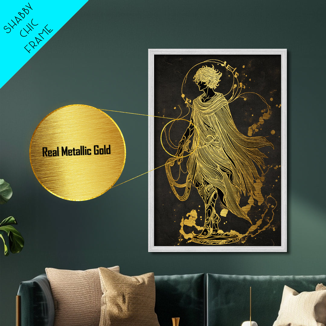 Apollo Figure With Flowing Cloak, Line Art Mythology Design, Metallic Gold Art, Mythical Wall Decor, Real Wood Frame, Elegant Greek