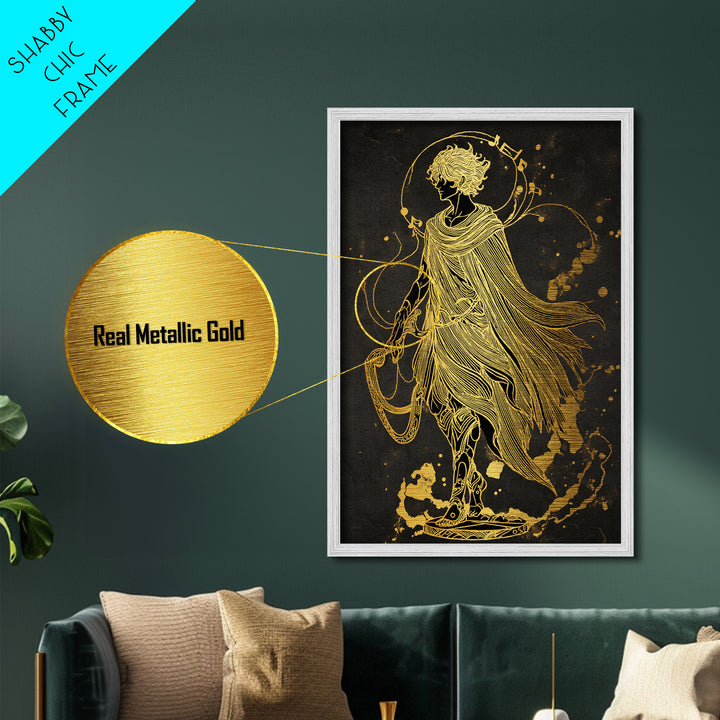 Apollo Figure With Flowing Cloak, Line Art Mythology Design, Metallic Gold Art, Mythical Wall Decor, Real Wood Frame, Elegant Greek