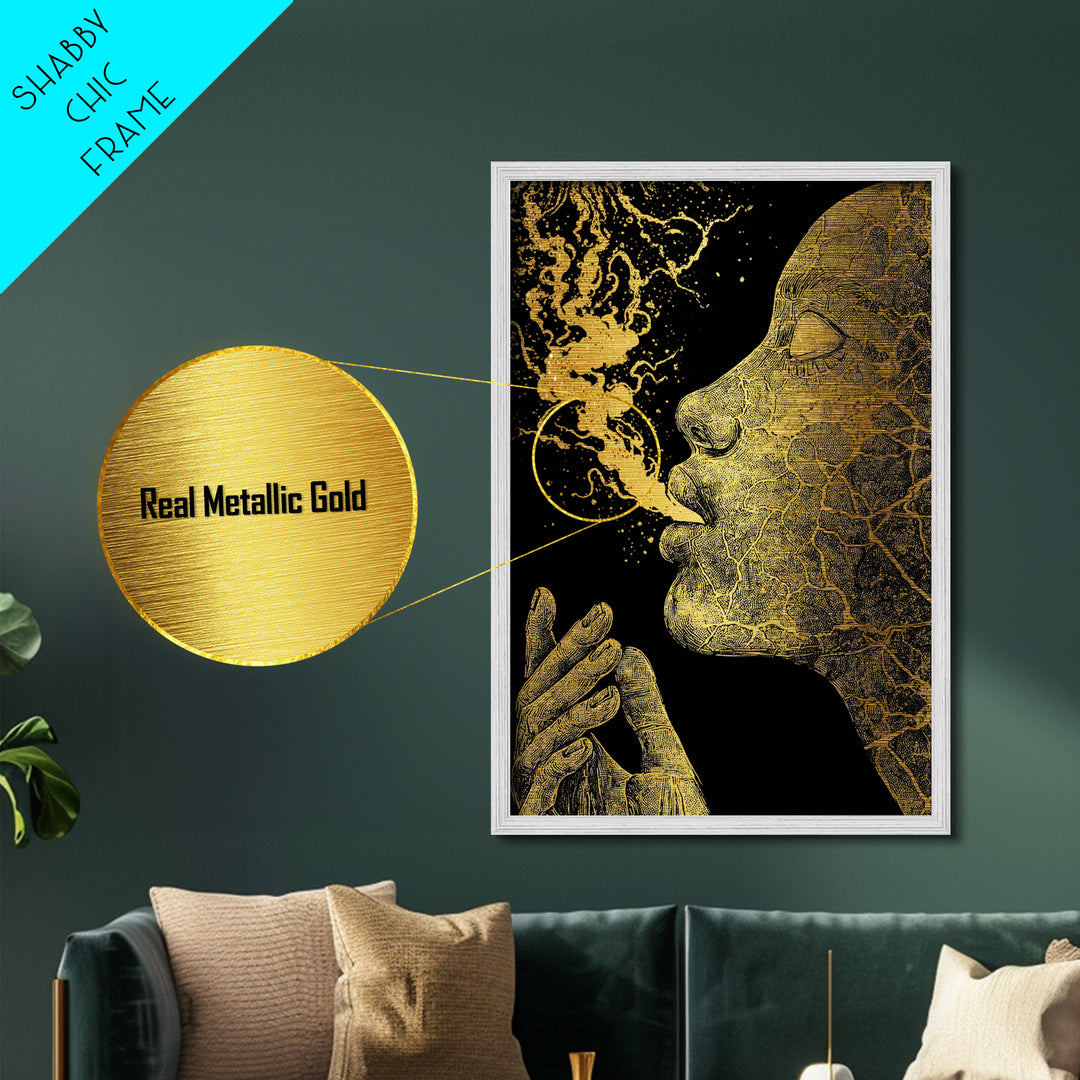 Mystical Goddess Face Exhaling Spirit, Surreal Mythology, Metallic Gold Metal Print, Spiritual Wall Art, Real Wood Frame, Dreamlike