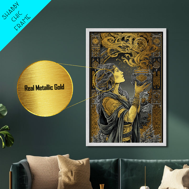Pandora With Mythical Jar, Ancient Greek Mythology Metallic Gold Art, Detailed Decorative Wall Print, Real Wood Frame, Timeless Classic