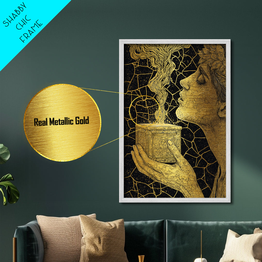Pandora Opening Mythical Box, Surreal Greek Goddess Design, Metallic Gold Metal Print, Mythological Wall Art, Real Wood Frame, Enchanting