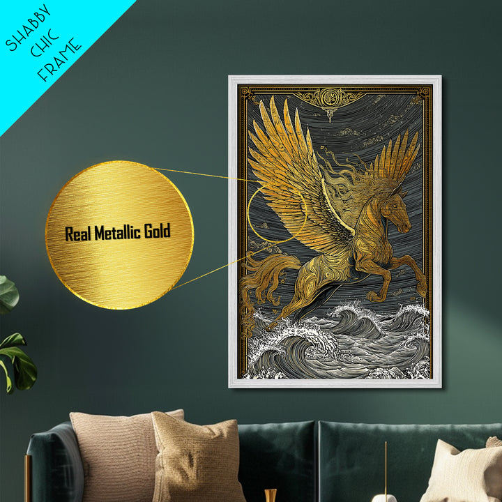 Pegasus Flying Above Waves, Mythical Winged Horse Art, Metallic Gold Art, Greek Mythology Wall Print, Real Wood Frame, Heroic Statement