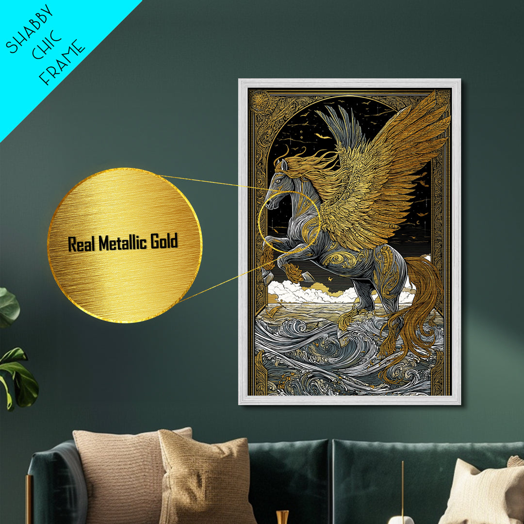 Winged Pegasus Metallic Gold Metal Print, Mythology Wall Art, Luxury Equine Artwork, Real Wood Framed Mythical Decor