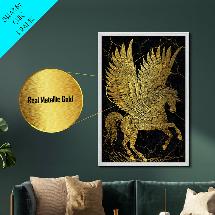 Golden Pegasus Metallic Gold Metal Print, Mythological Horse Artwork, Elegant Home Wall Art, Real Wood Framed Fantasy Decor