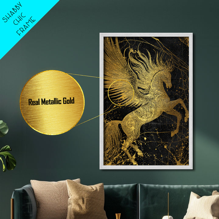 Abstract Pegasus Metallic Gold Art, Mythology Wall Print, Unique Equine Design, Real Wood Framed Modern Mythical Artwork
