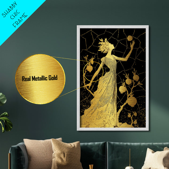 Persephone With Pomegranates Metallic Gold Metal Print, Mythology Wall Art, Elegant Greek Goddess Decor, Real Wood Frame