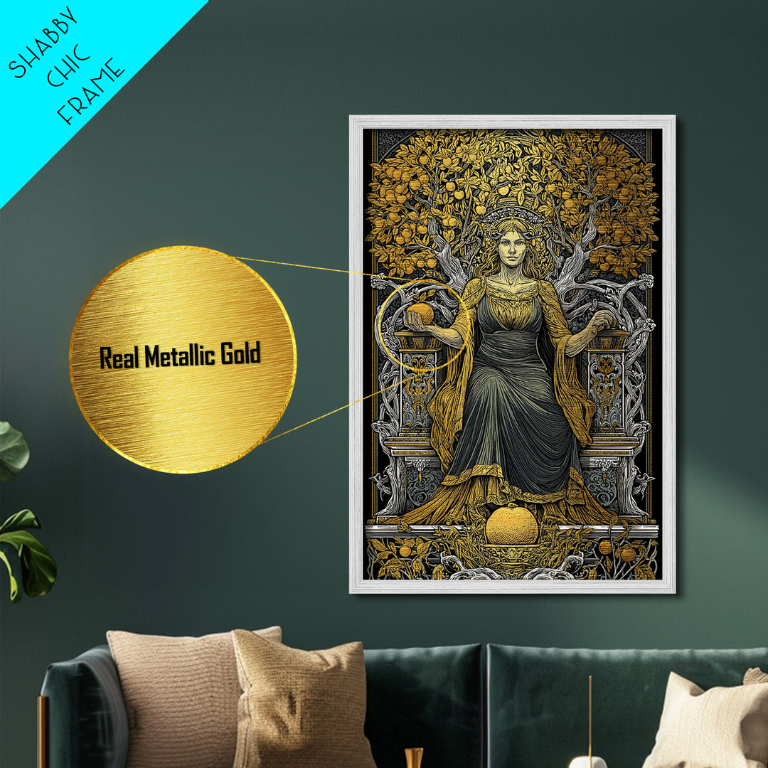 Seated Persephone Metallic Gold Metal Print, Goddess Of Fertility Wall Art, Mythological Decor, Real Wood Framed Artwork