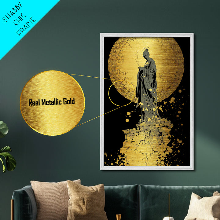 Goddess Statue Metallic Gold Metal Print, Ancient Mythology Wall Art, Elegant Female Figure Artwork, Real Wood Framed Decor