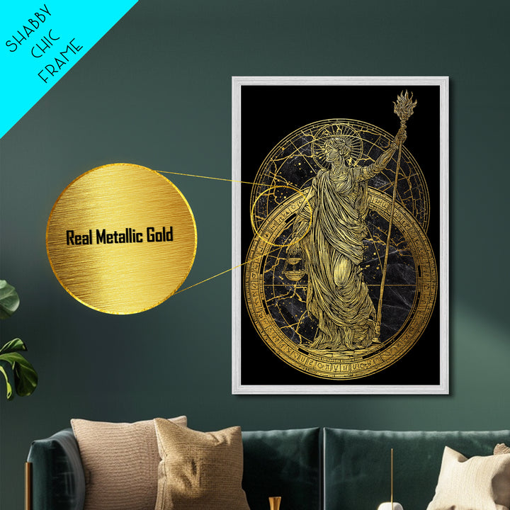 Divine Justice Metallic Gold Metal Print, Goddess With Torch Wall Art, Mythological Decor, Real Wood Framed Elegant Artwork