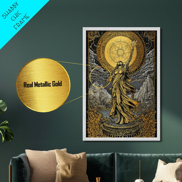 Celestial Goddess Metallic Gold Metal Print, Mythology Wall Art, Radiant Female Figure Artwork, Real Wood Framed Luxurious Decor