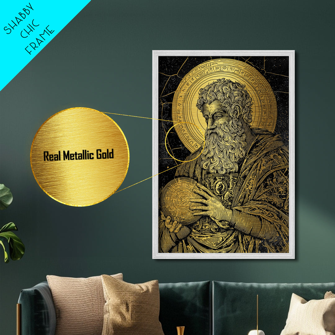 Ancient Philosopher Portrait Metallic Gold Metal Print, Scholar With Cosmic Halo Metallic Gold Art, Real Wood Frame Historical Wall Art