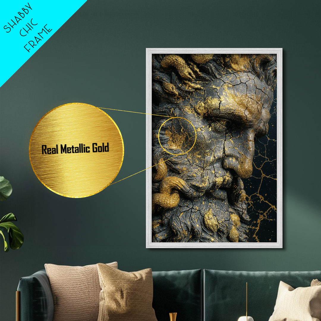 Mythological Sea God Bust Metallic Gold Metal Print, Ancient Ocean Deity Metallic Gold Art, Real Wood Frame Classical Myth Sculpture