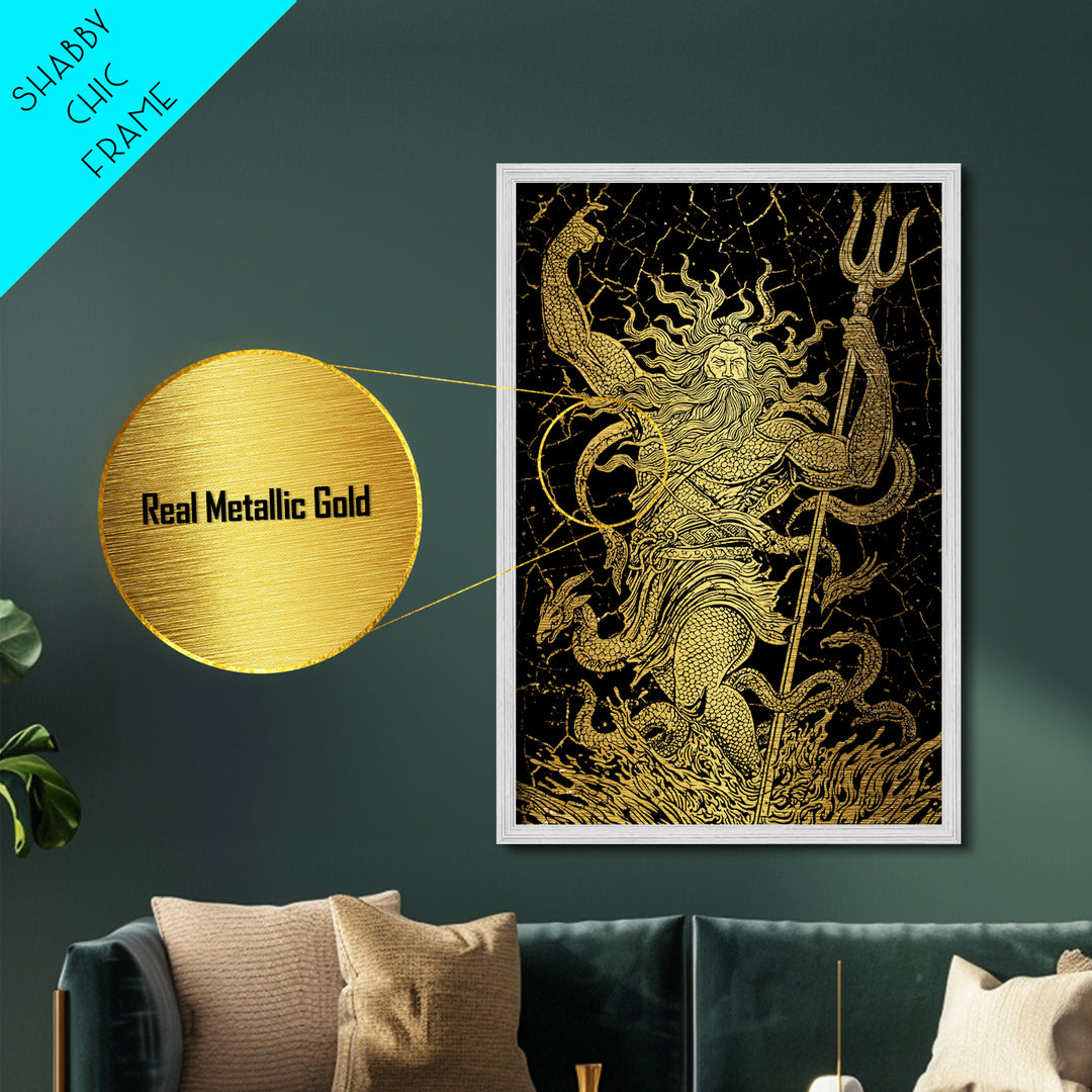 Poseidon Sea God With Serpent Metallic Gold Metal Print, Ocean Deity With Trident Metallic Gold Art, Real Wood Frame Mythological Decor