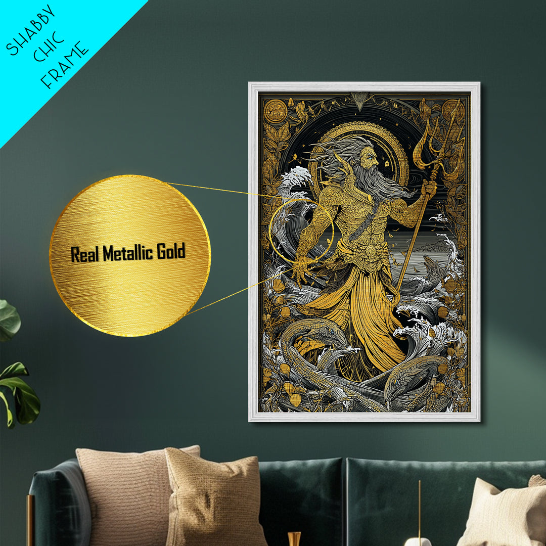 Poseidon Mythical Sea God Metallic Gold Metal Print, Ocean Trident Warrior Metallic Gold Art, Real Wood Frame Ancient Mythology Decor