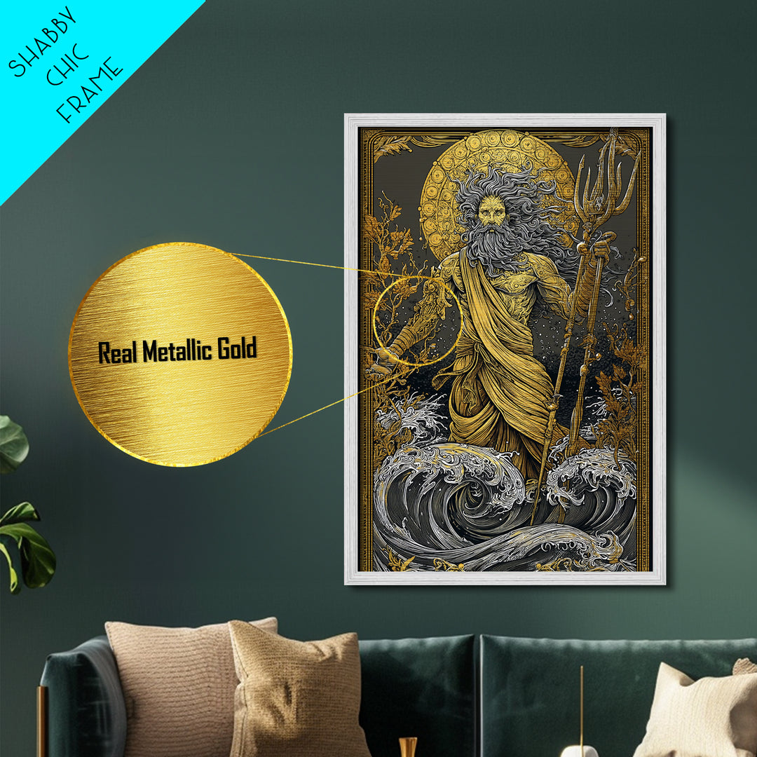 Poseidon Ocean God With Trident Metallic Gold Metal Print, Mythical Sea Deity Metallic Gold Art, Real Wood Frame Mythology Wall Art