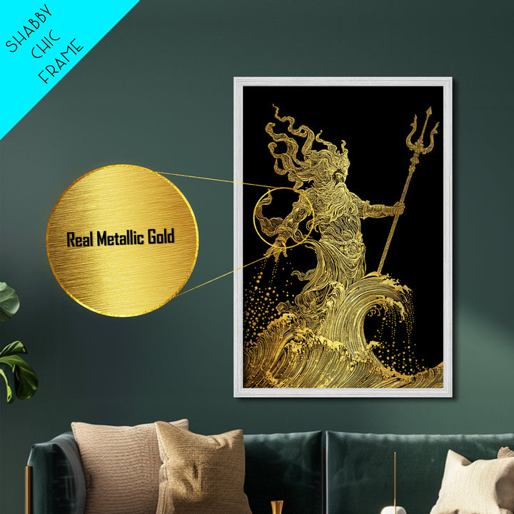 Poseidon Sea God Statue Metallic Gold Metal Print, Ocean Deity With Waves Metallic Gold Art, Real Wood Frame Classical Mythology Decor