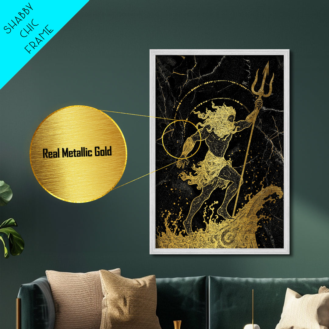 Poseidon Ruler Of The Seas Metallic Gold Metal Print, Ancient Trident God Metallic Gold Art, Real Wood Frame Mythological Wall Decor