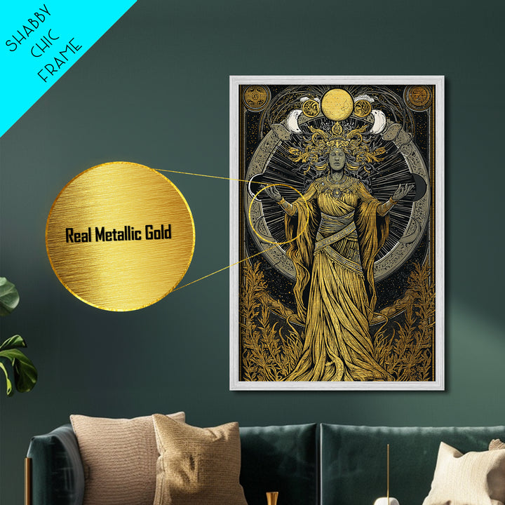 Selene Metallic Gold Metal Print, Moon Goddess Art, Real Wood Frame, Mythology Wall Decor, Celestial Luxury Artwork