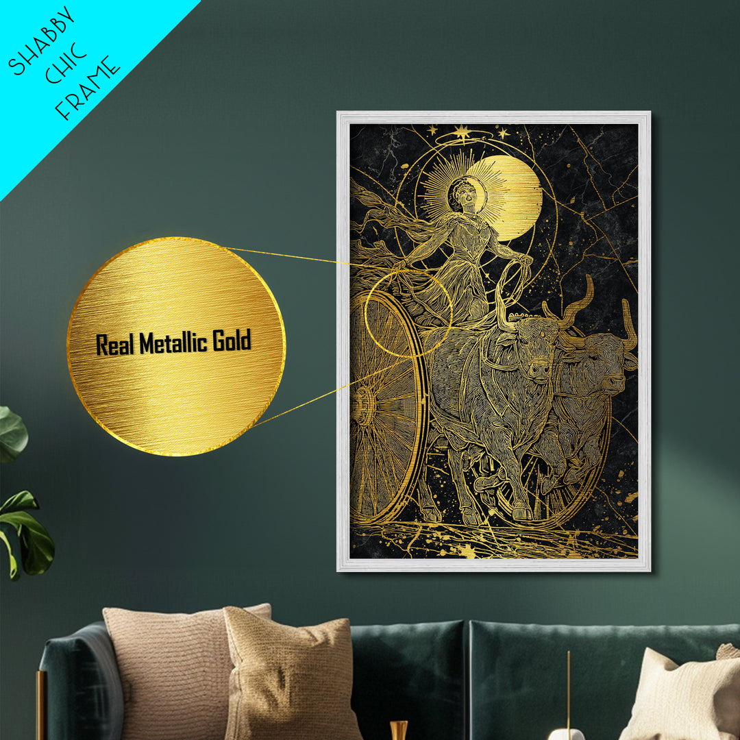 Selene Chariot Metallic Gold Metal Print, Moon Goddess Art, Real Wood Frame, Mythology Decor, Celestial Metal Artwork