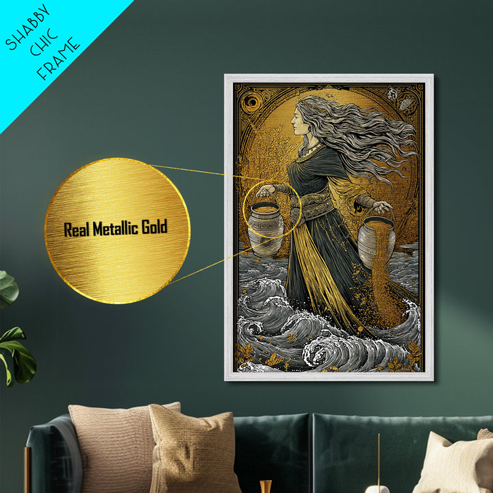 Aquarius Goddess Metallic Gold Metal Print, Mythology Wall Art, Luxury Astrology Artwork, Real Wood Frame, Unique Home Decor