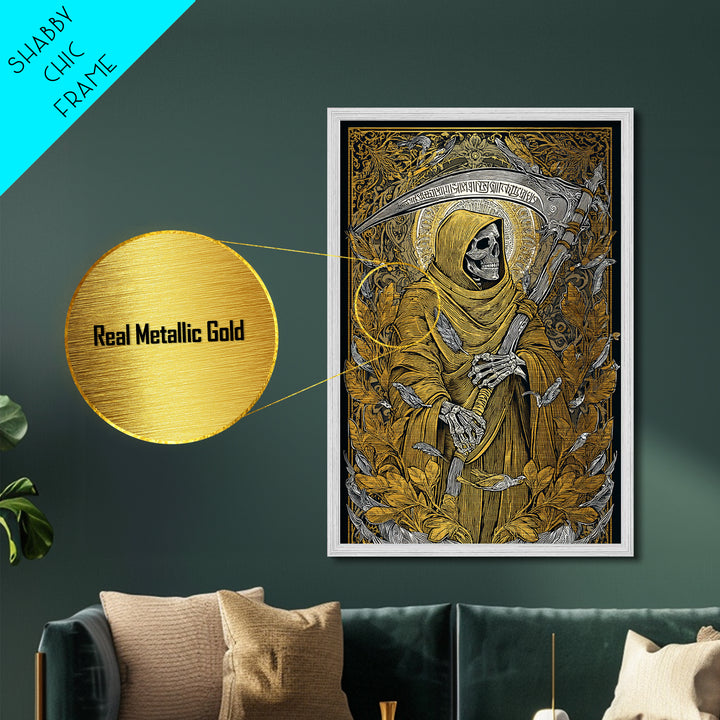 Grim Reaper Metallic Gold Metal Print, Gothic Mythology Wall Art, Skeleton With Scythe Artwork, Real Wood Frame, Dark Decor