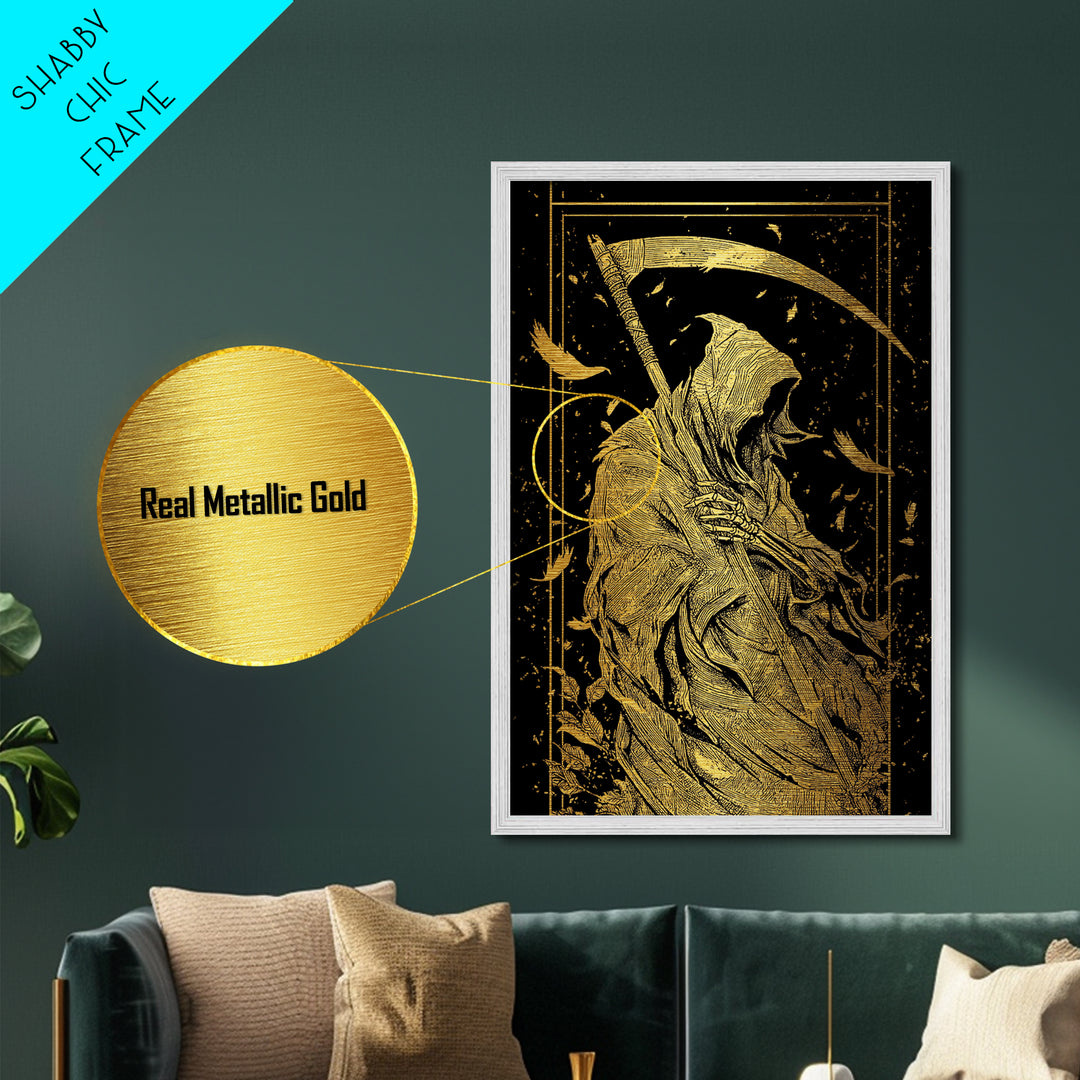 Death Figure Metallic Gold Metal Print, Gothic Skeleton Wall Art, Grim Reaper Mythology Artwork, Real Wood Frame, Dark Decor