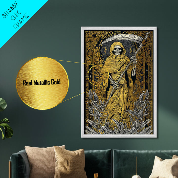 Hooded Skeleton Metallic Gold Metal Print, Grim Reaper Gothic Wall Art, Dark Mythology Artwork, Real Wood Frame, Unique Decor