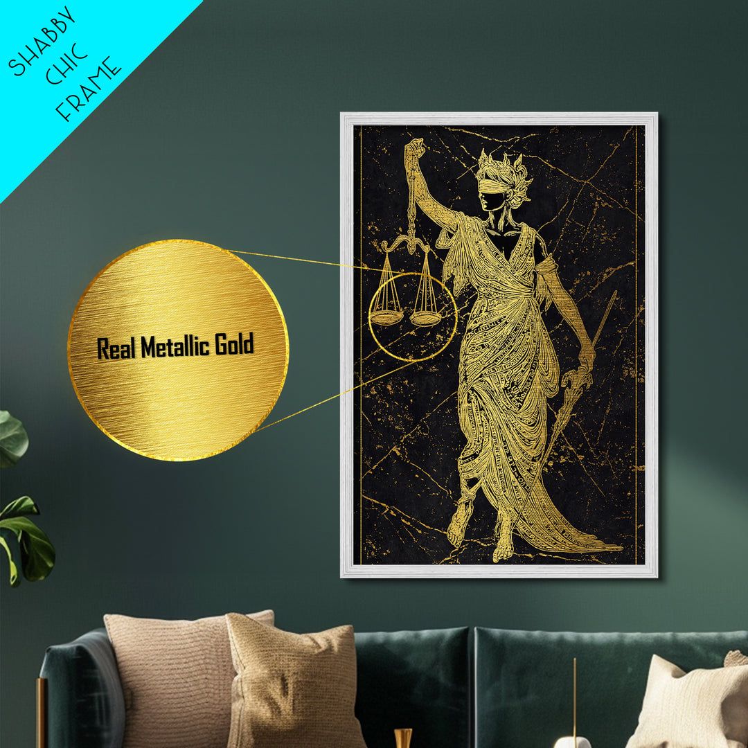 Justice Goddess Metallic Gold Metal Print, Mythology Law And Order Wall Art, Balance Artwork, Real Wood Frame, Statement Decor