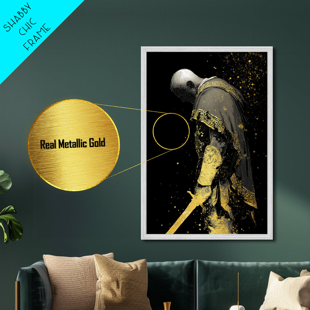 Roman General Metallic Gold Art, Historical Wall Print, Luxury Myth Inspired Home Decor, Collectible Ancient Artwork, Real Wood Frame