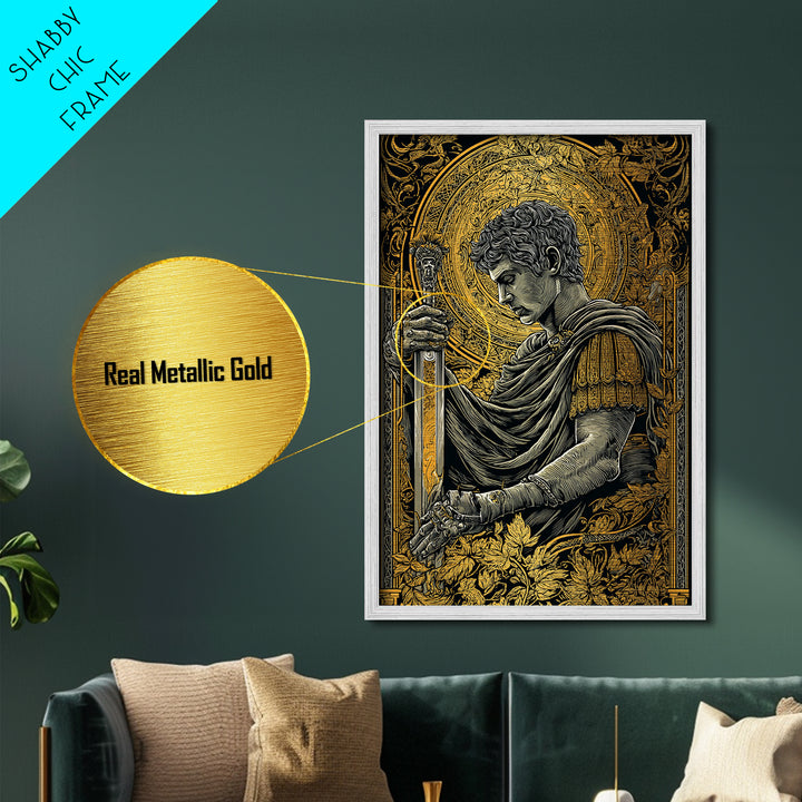 Divine Warrior Metallic Gold Metal Print, Mythology Wall Art, Ancient Roman Decor, Historical Art Style, Elegant Framed Print