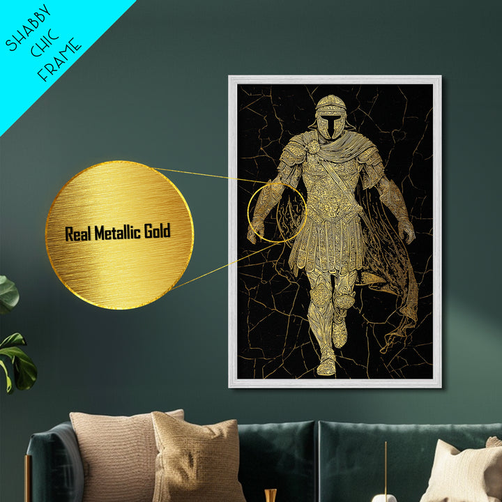 Heroic Roman Metallic Gold Metal Print, Ancient Warrior Wall Art, Luxury Mythology Decor, Historical Emperor Artwork, Real Wood Frame