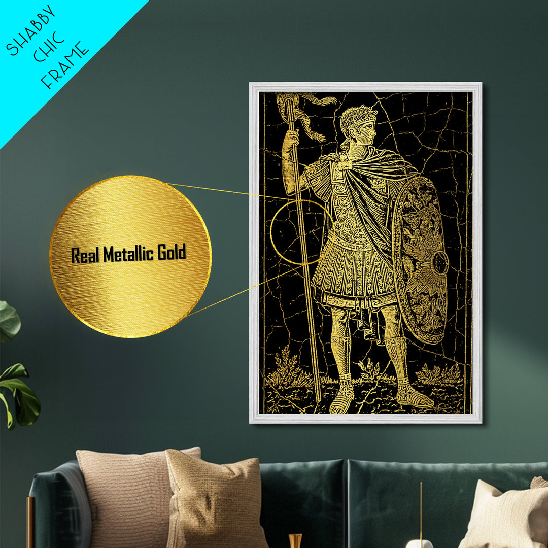 Roman Warrior With Shield, Metallic Gold Metal Print, Mythology Inspired Wall Art, Real Wood Framed Artwork