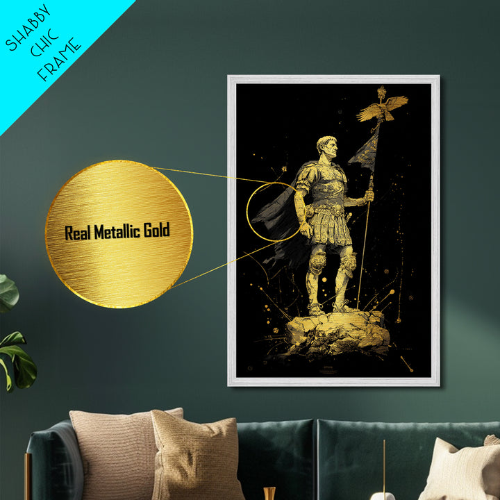 Roman General Holding Standard, Metallic Gold Metal Print, Classical History Inspired Wall Decor, Real Wood Frame