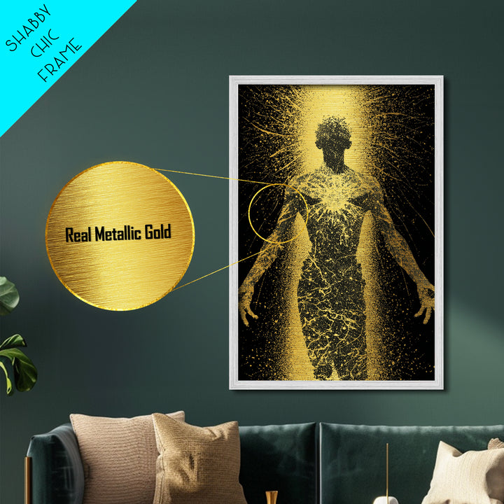 Golden Cosmic Silhouette, Metallic Gold Metal Print, Abstract Mythology Inspired Wall Decor, Real Wood Frame