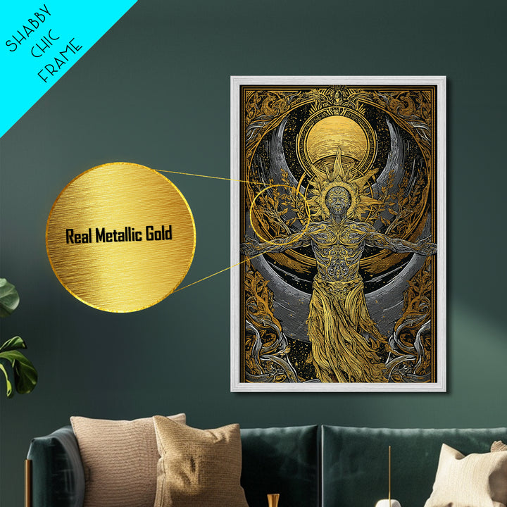 Divine Sun God Artwork, Metallic Gold Metal Print, Mythology Inspired Celestial Wall Art, Real Wood Framed Print