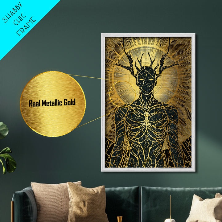 Mythic Antlered Deity, Metallic Gold Metal Print, Cosmic Inspired Wall Art, Real Wood Frame For Elegant Decor