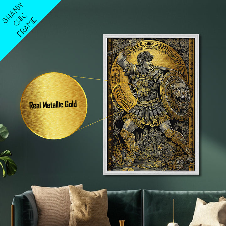 Warrior In Battle Scene, Metallic Gold Metal Print, Ancient Mythology Inspired Wall Artwork, Real Wood Frame