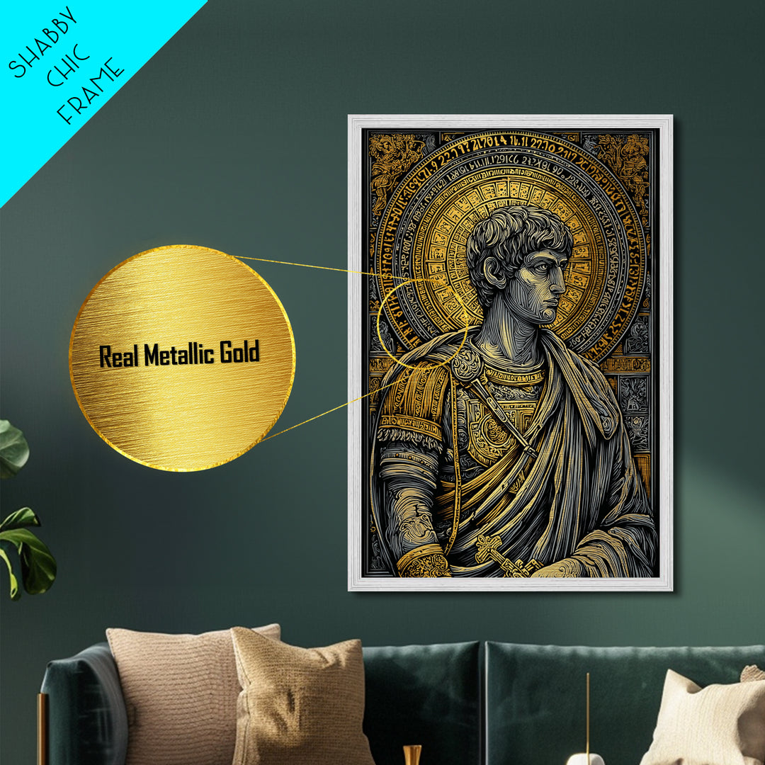 Emperor Portrait Artwork, Metallic Gold Metal Print, Classical Roman Inspired Wall Decor, Real Wood Frame