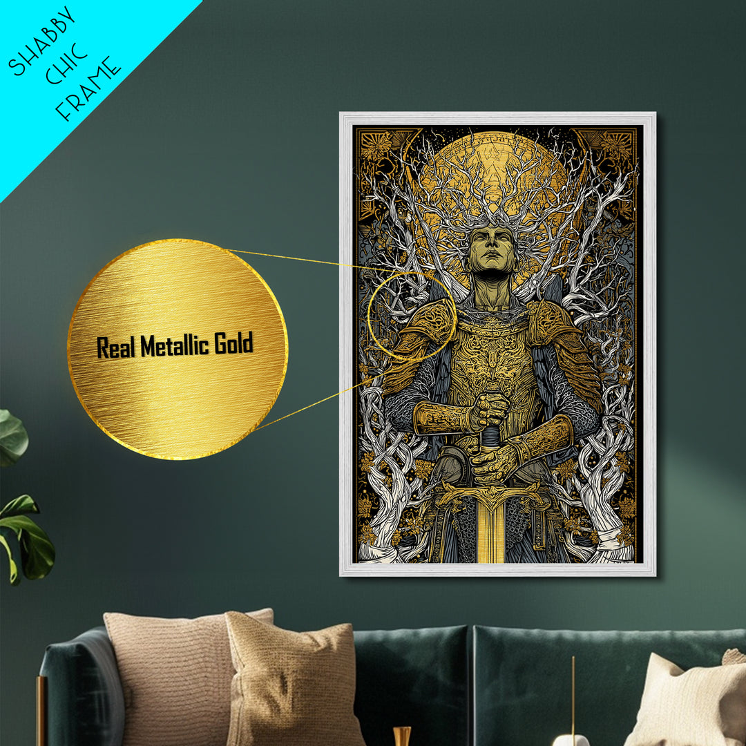 Mythic Guardian With Sword, Metallic Gold Art, Fantasy Inspired Warrior Wall Print, Real Wood Framed Wall Decor