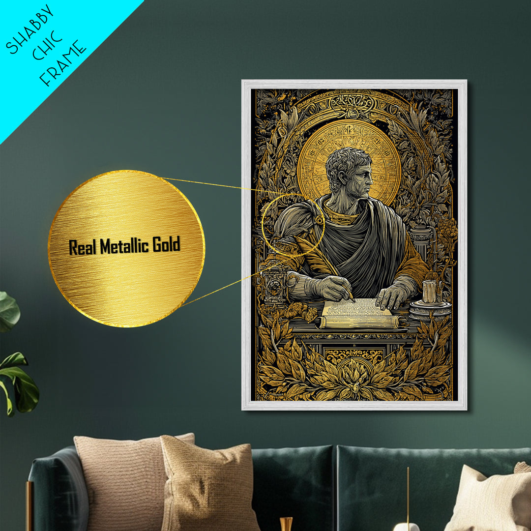 Roman Writer Metallic Gold Metal Print, Ancient Scholar Wall Art, Mythology Decor, Luxury Metal Artwork, Real Wood Frame