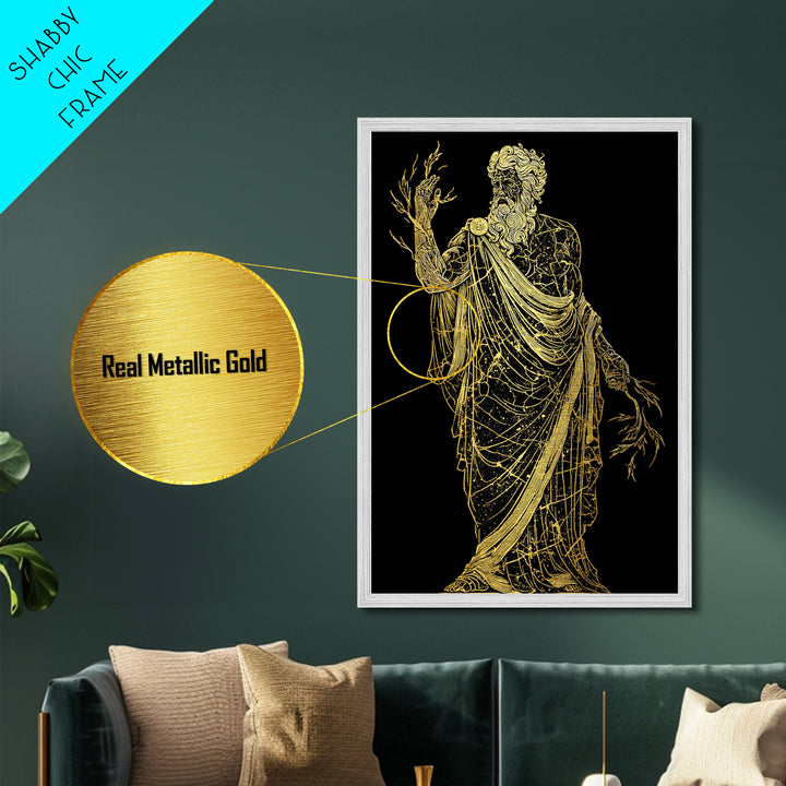 Greek God Metallic Gold Art, Zeus Mythology Wall Print, Lightning Power Decor, Luxury Metal Artwork, Real Wood Frame