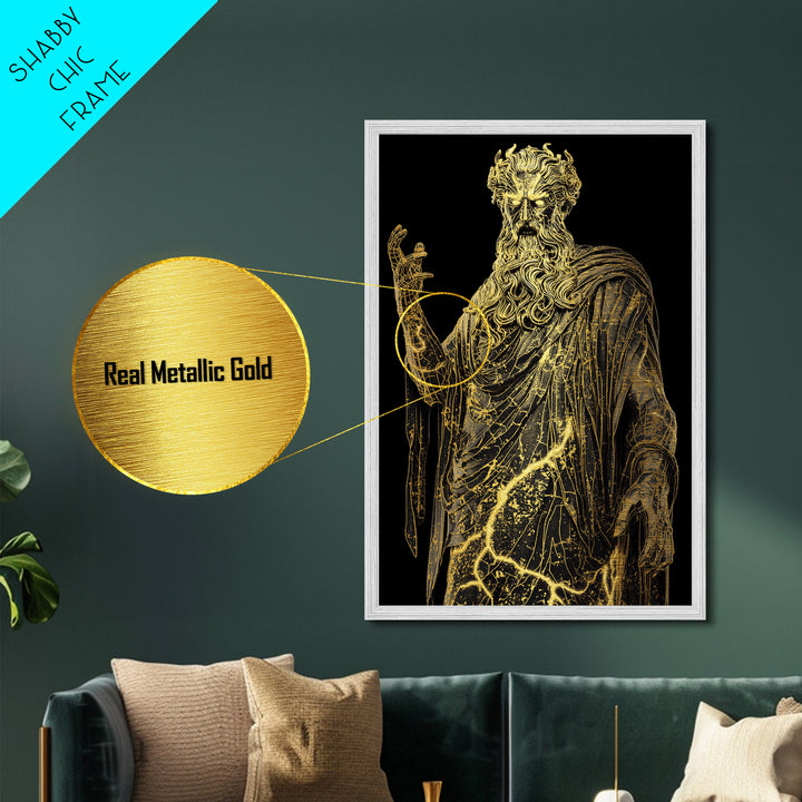 Thunder God Metallic Gold Metal Print, Zeus Mythology Wall Art, Lightning Power Decor, Luxury Classical Artwork, Real Wood Frame