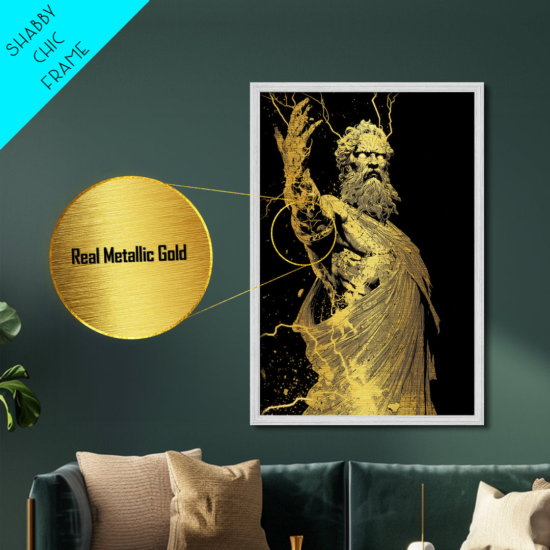 Heavenly Ruler Metallic Gold Metal Print, Zeus Divine Wall Art, Lightning God Decor, Luxury Mythology Artwork, Real Wood Frame